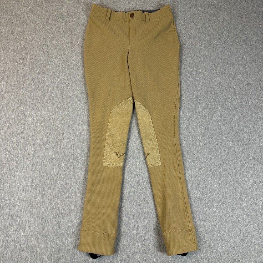 Irideon Cadence Riding Breeches Kids 14 Tan Ribbed Knee Patch Equestrian Pants
